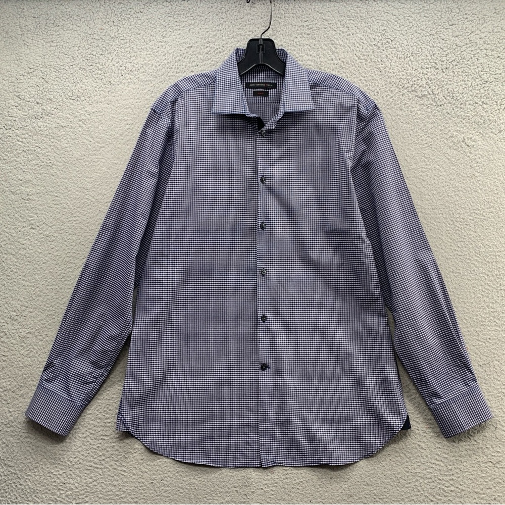 John Varvatos Slim Fit Shirt Mens 15.5 Navy Blue Plaid Gingham Button Up Casual